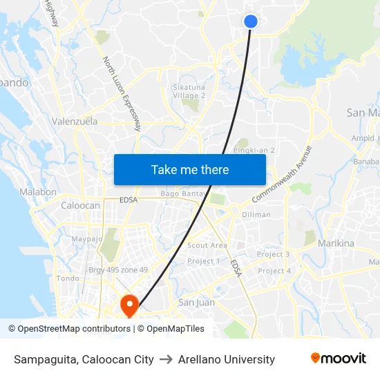Sampaguita, Caloocan City to Arellano University map