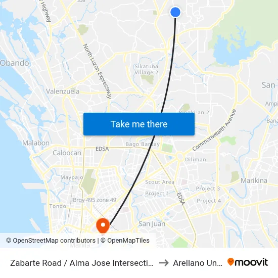 Zabarte Road / Alma Jose Intersection, Caloocan City to Arellano University map