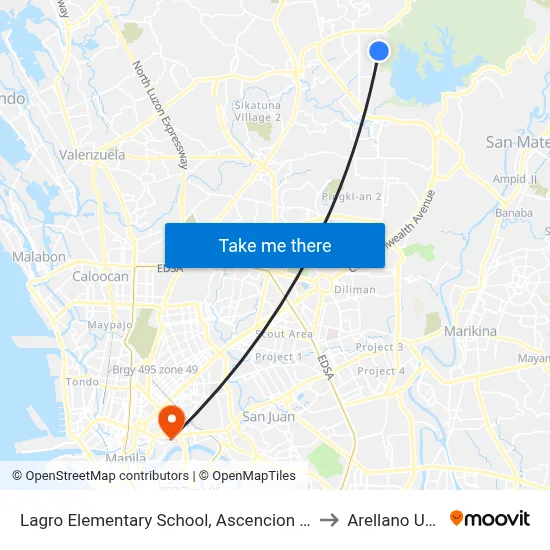 Lagro Elementary School, Ascencion Avenue, Quezon City to Arellano University map
