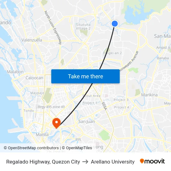 Regalado Highway, Quezon City to Arellano University map