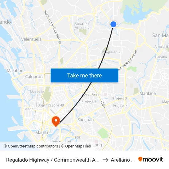 Regalado Highway / Commonwealth Avenue Intersection, Quezon City to Arellano University map
