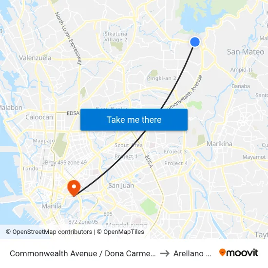 Commonwealth Avenue / Dona Carmen Intersection, Quezon City to Arellano University map