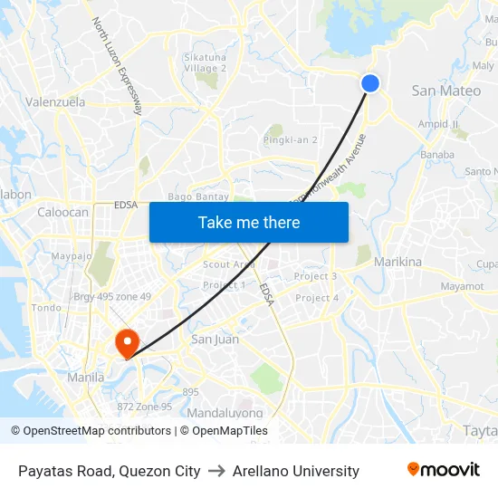 Payatas Road, Quezon City to Arellano University map