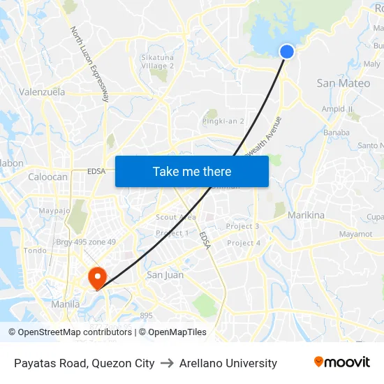 Payatas Road, Quezon City to Arellano University map