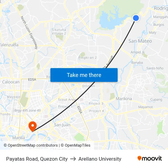 Payatas Road, Quezon City to Arellano University map