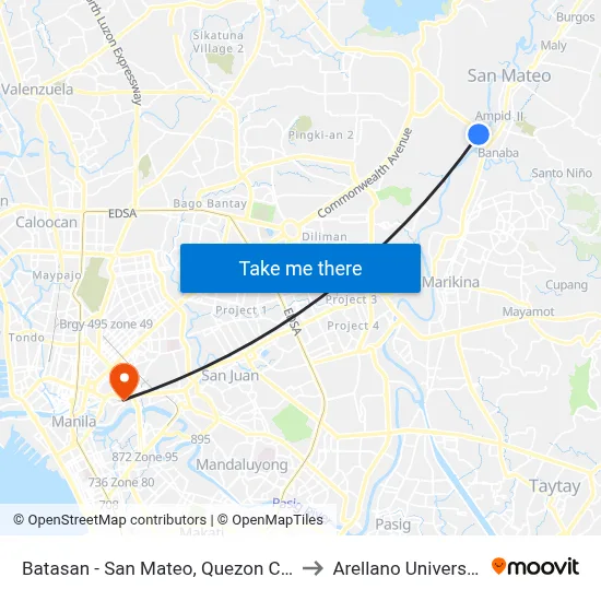 Batasan - San Mateo, Quezon City to Arellano University map