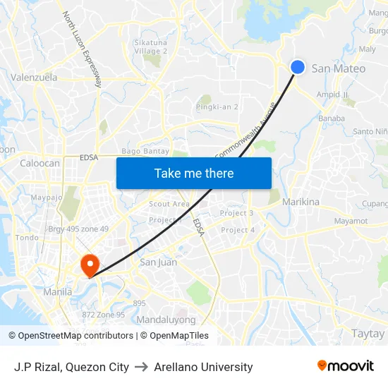 J.P Rizal, Quezon City to Arellano University map