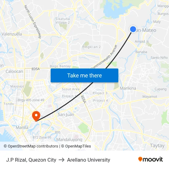 J.P Rizal, Quezon City to Arellano University map
