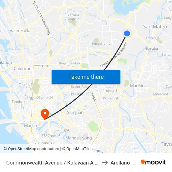Commonwealth Avenue / Kalayaan A Intersection, Quezon City to Arellano University map