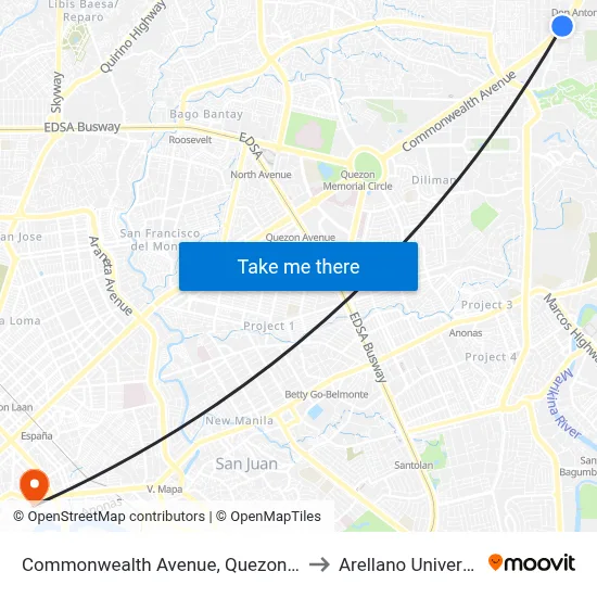 Commonwealth Avenue, Quezon City to Arellano University map