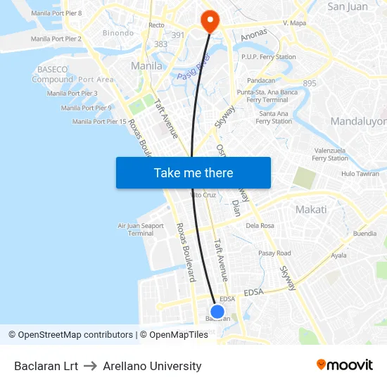 Baclaran Lrt to Arellano University map