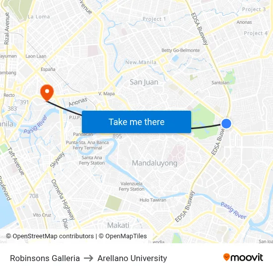 Robinsons Galleria to Arellano University map