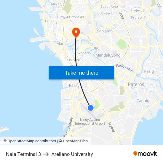 Naia Terminal 3 to Arellano University map
