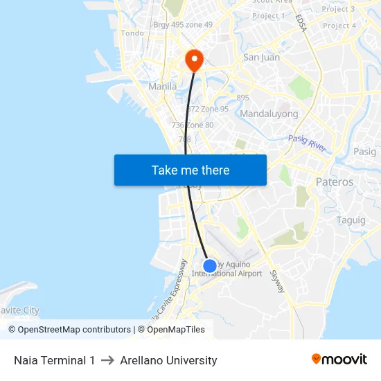 Naia Terminal 1 to Arellano University map