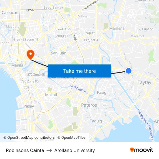 Robinsons Cainta to Arellano University map