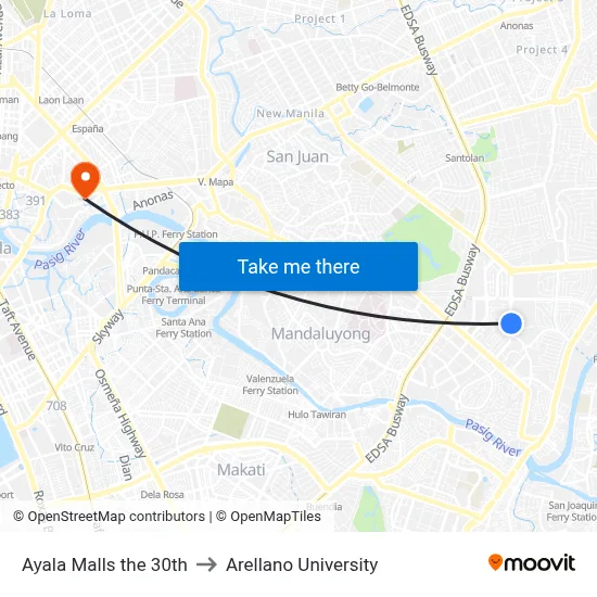 Ayala Malls the 30th to Arellano University map