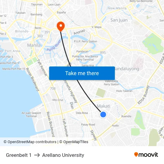 Greenbelt 1 to Arellano University map