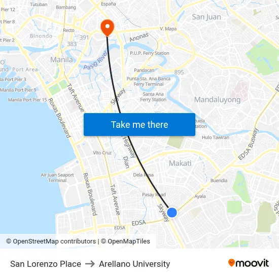 San Lorenzo Place to Arellano University map