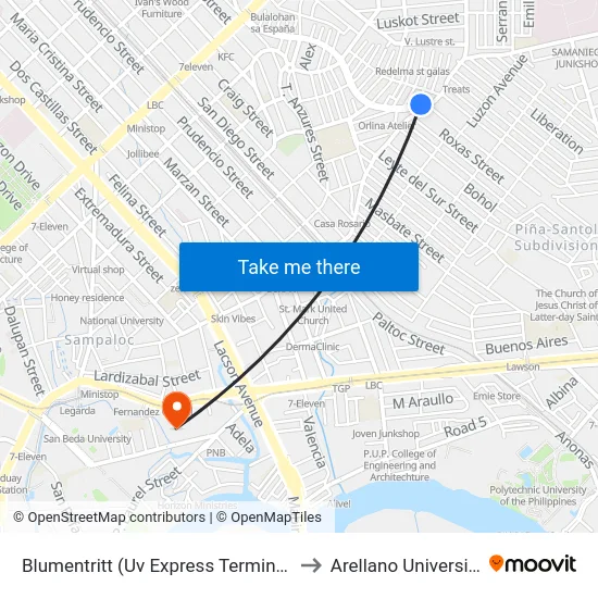 Blumentritt (Uv Express Terminal) to Arellano University map