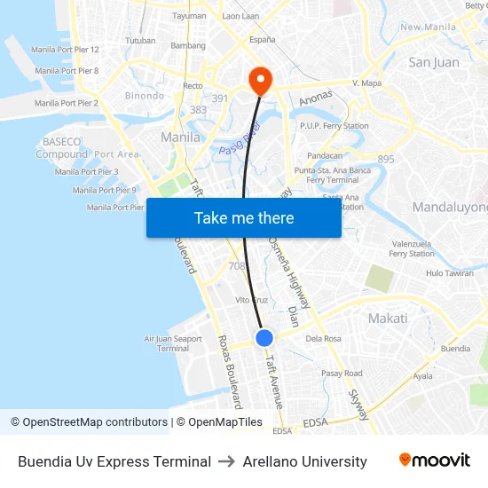 Buendia Uv Express Terminal to Arellano University map