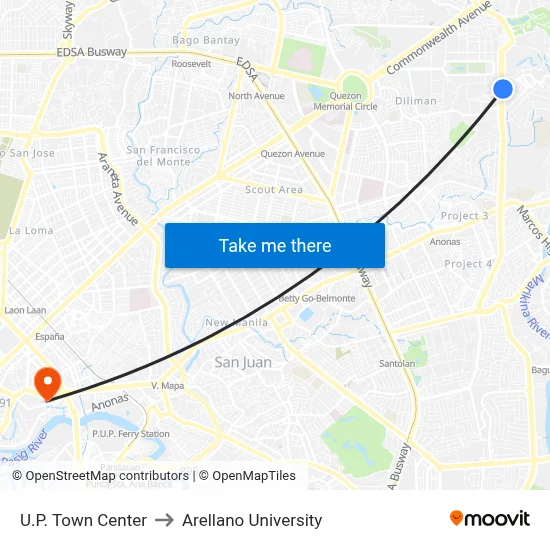 U.P. Town Center to Arellano University map