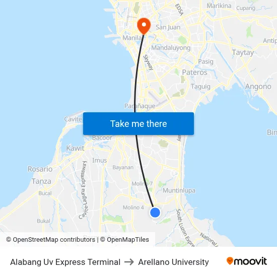 Alabang Uv Express Terminal to Arellano University map