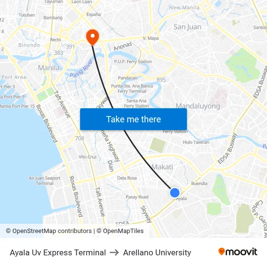 Ayala Uv Express Terminal to Arellano University map