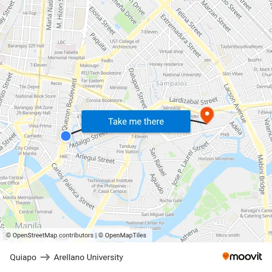 Quiapo to Arellano University map