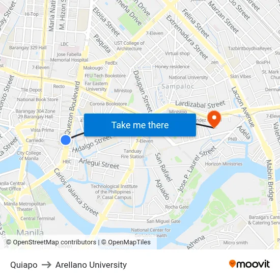Quiapo to Arellano University map