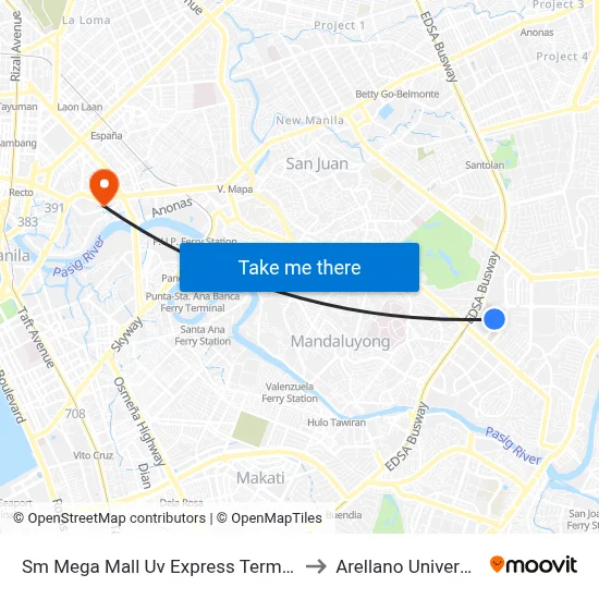 Sm Mega Mall Uv Express Terminal to Arellano University map