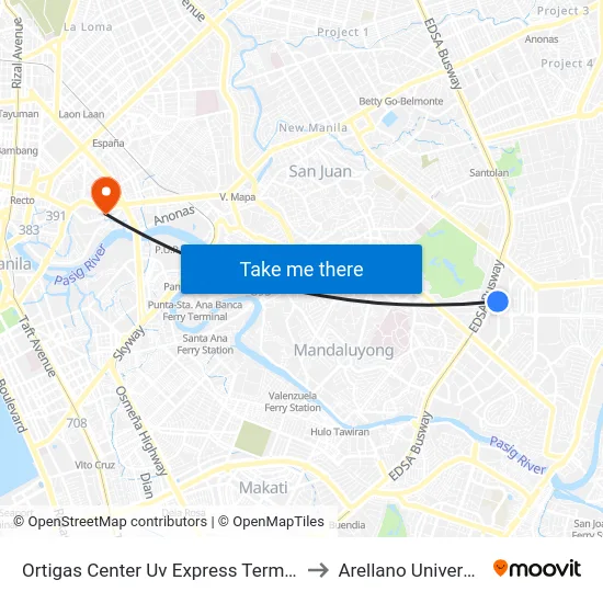 Ortigas Center Uv Express Terminal to Arellano University map