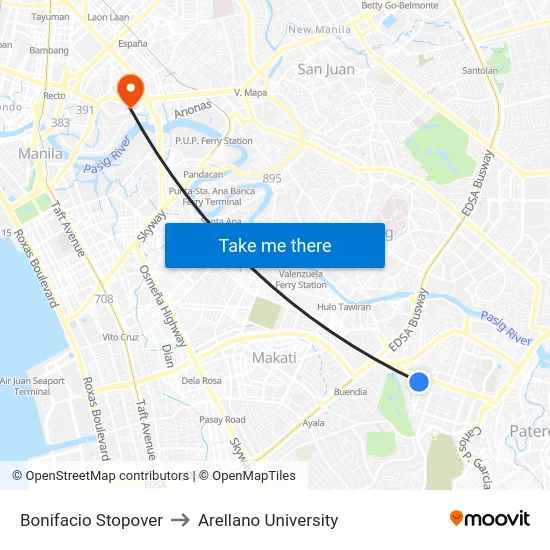 Bonifacio Stopover to Arellano University map