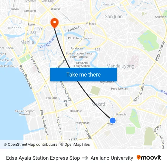 Edsa Ayala Station Express Stop to Arellano University map