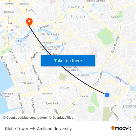 Globe Tower to Arellano University map