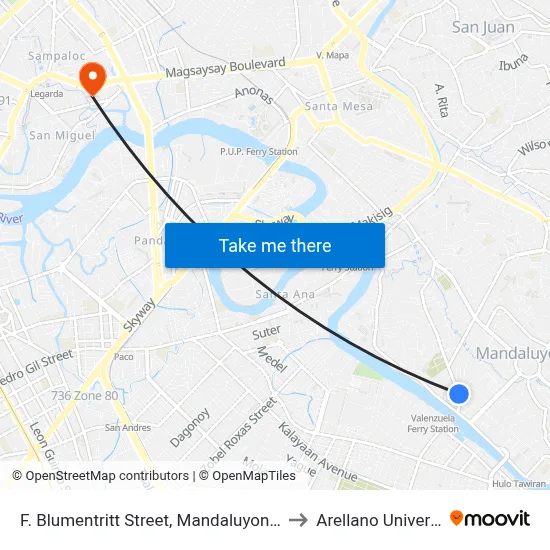 F. Blumentritt Street, Mandaluyong City to Arellano University map