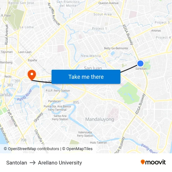 Santolan to Arellano University map