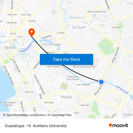 Guadalupe to Arellano University map