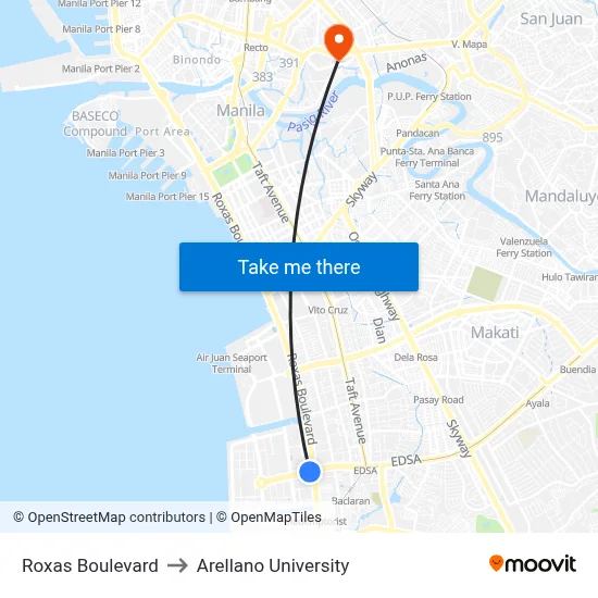 Roxas Boulevard to Arellano University map