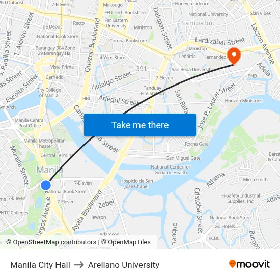 Manila City Hall to Arellano University map
