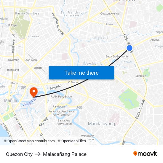 Quezon City to Malacañang Palace map