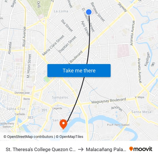 St. Theresa's College Quezon City to Malacañang Palace map