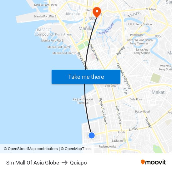 Sm Mall Of Asia Globe to Quiapo map