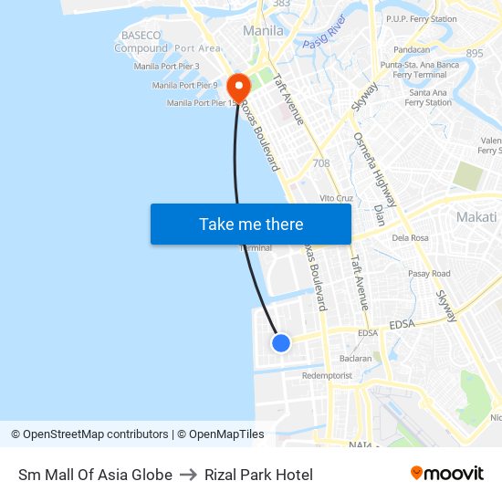 Sm Mall Of Asia Globe to Rizal Park Hotel map