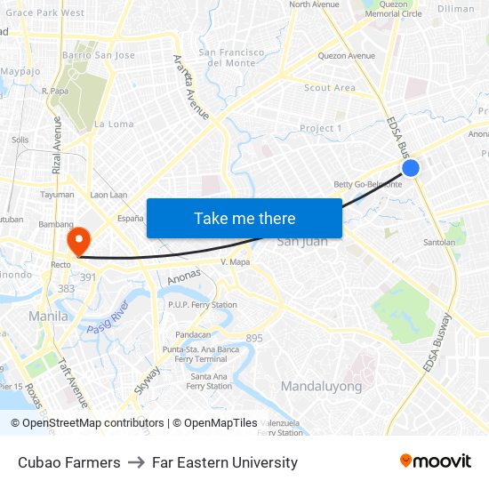 Cubao Farmers to Far Eastern University map