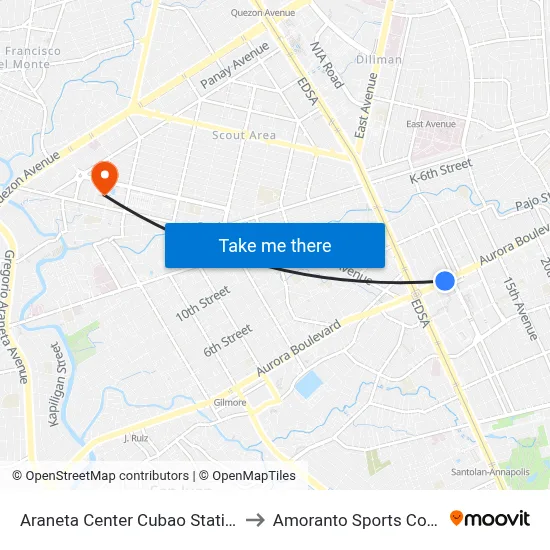 Araneta Center Cubao Station LRT to Amoranto Sports Complex map