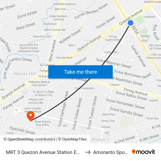 MRT 3 Quezon Avenue Station EDSA Quezon City Manila to Amoranto Sports Complex map