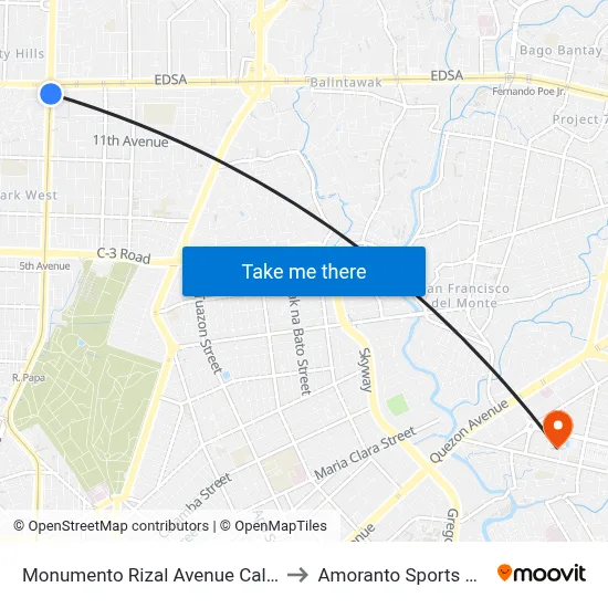 Monumento Rizal Avenue Caloocan City to Amoranto Sports Complex map