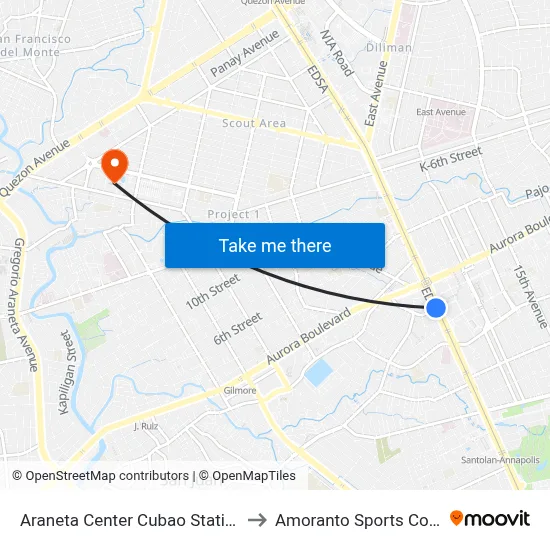 Araneta Center Cubao Station MRT to Amoranto Sports Complex map