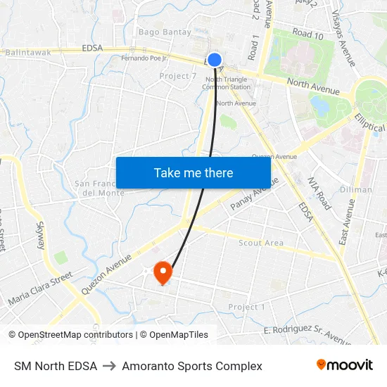SM North EDSA to Amoranto Sports Complex map