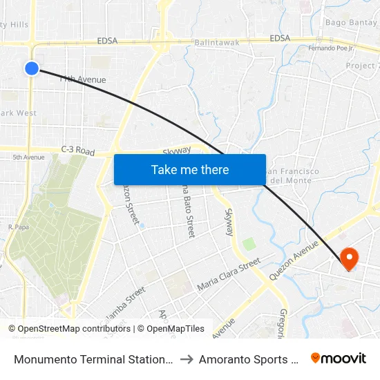 Monumento Terminal Station LRT Line 1 to Amoranto Sports Complex map